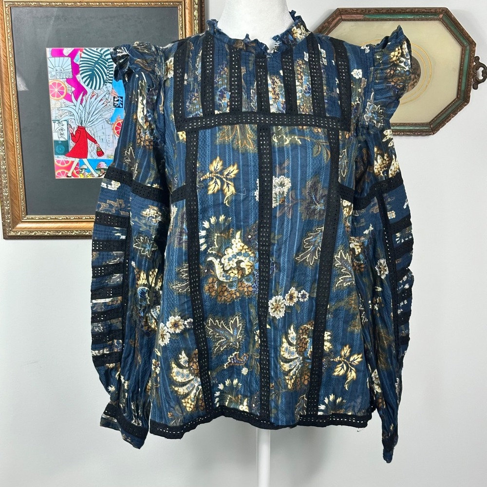 Sea New York Pascale Blouse Blue Floral - SIZE 6 Ruffle Lace Feminine